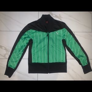 Puma Women’s Medium Black & Green Track Jacket with White Pinstripes
